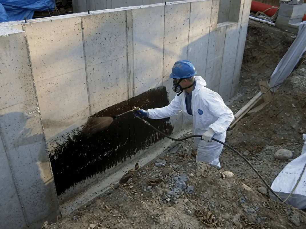 Professional waterproofing the exterior walls of the basement in Denver, CO
